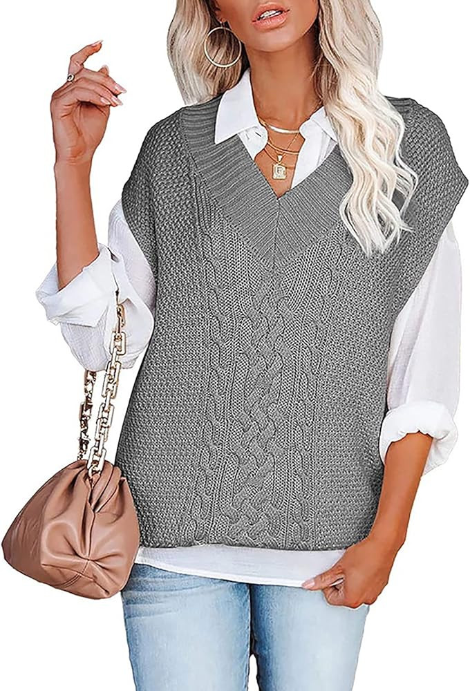Neufigr Womens V Neck Sweater Vest Knitted Oversized Sleeveless Knitwear Casual Pullover Jumpers Tan | Amazon (US)