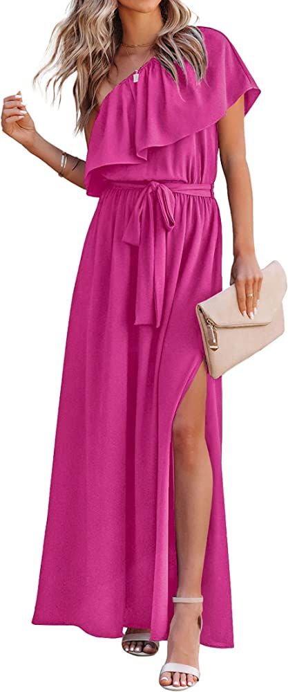 KIRUNDO Womens Summer Maxi Dress Ruffle One Shoulder High Waist Split Beach Party Wedding Guest L... | Amazon (US)
