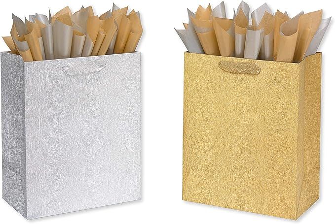 Papyrus Large Christmas Bags with Tissue Paper Bundle, Brushed Metallic Silver and Gold (2 Bags) | Amazon (US)