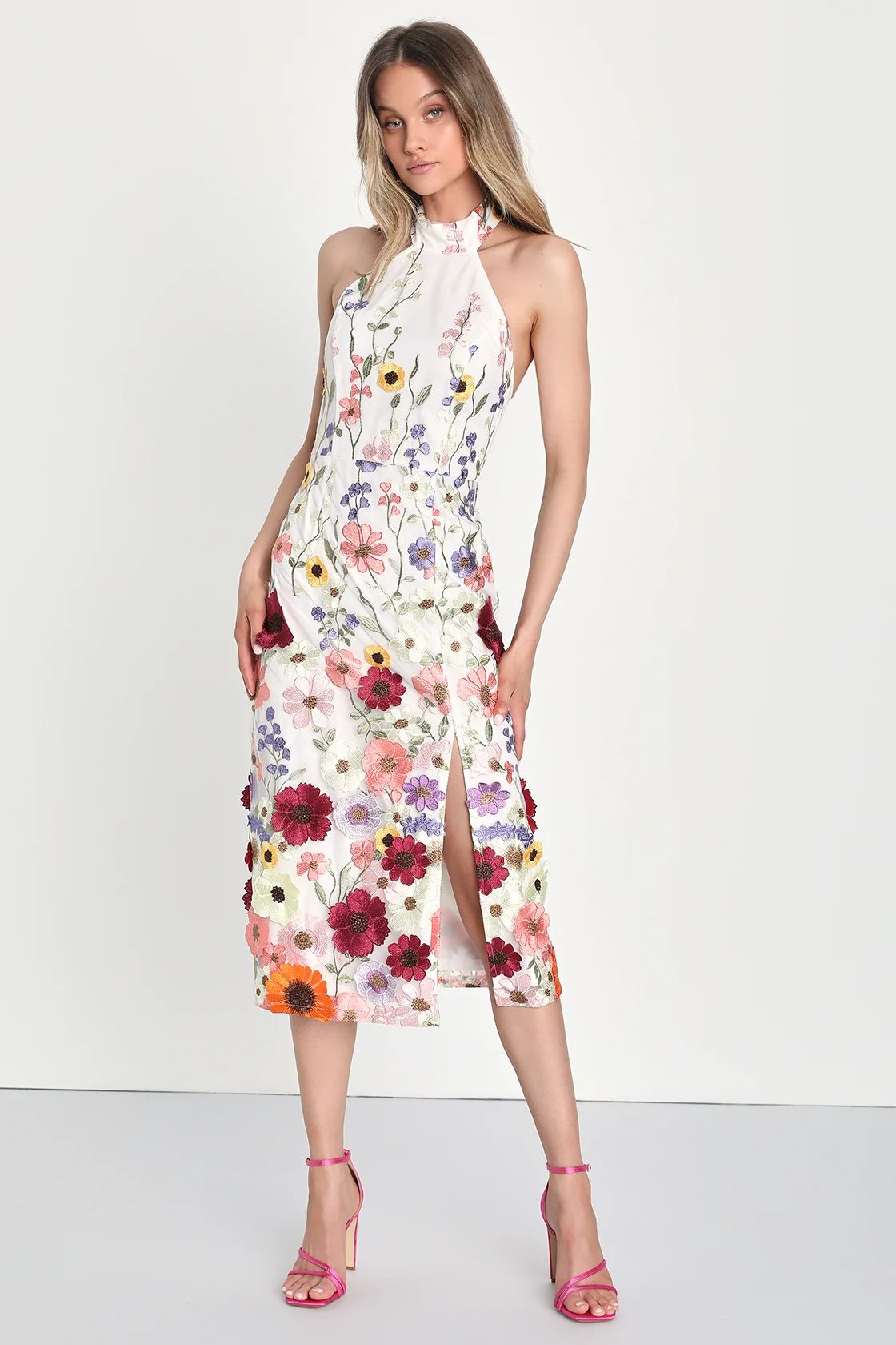 Unique Impression Ivory 3D Floral Embroidered Halter Midi Dress | Lulus (US)