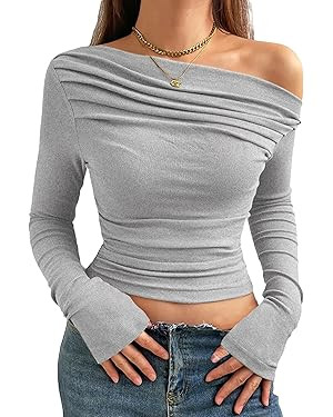 Women Sexy Off Shoulder Top Slim Fit Long Sleeve Going Out Asymmetrical Crop Top Y2K Tight Ruched... | Amazon (US)