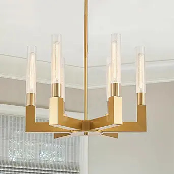 Brass Gold Chandelier with Striped Glass Shades, 6-Lights Adjustable Modern Pendant Light Fixture... | Amazon (US)