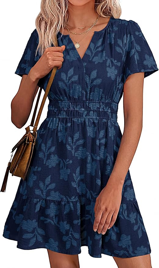 Simplee Womens Summer Floral Dress Casual Short Sleeve V Neck Empire Waist Boho Flowy A Line Mini... | Amazon (US)