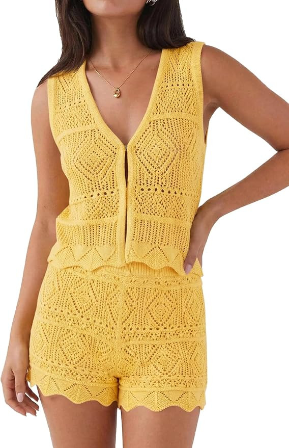 Tankaneo Womens 2 Piece Crochet Short Sets Summer V Neck Vest Tank Tops Cover Up Beach Mini Short... | Amazon (US)