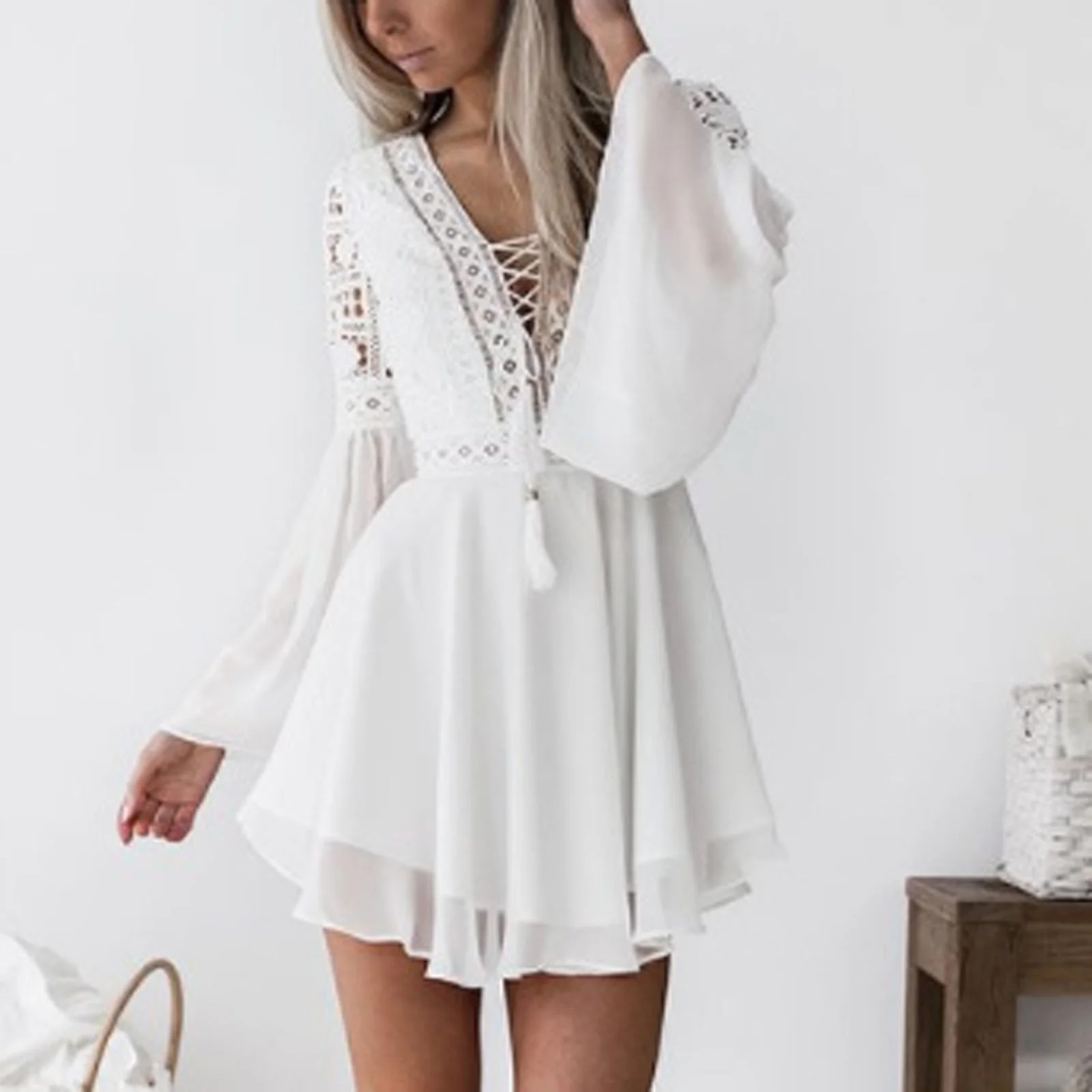 Tuscom Women's Sexy Chiffon Dress Long Sleeve V Neck Ruffle Boho A line Mini Dress for Party Beac... | Walmart (US)