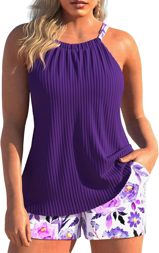 Modlily Ruched Round Neck Womens Tankini Swimsuits with Pocket, Solid Tank Top with Print Board S... | Amazon (US)