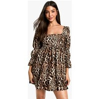 boohoo Women's Leopard Gathered Puff Sleeve Smock Dress in Brown | Size: 6 | Polyurethane | boohoo (US & Canada)