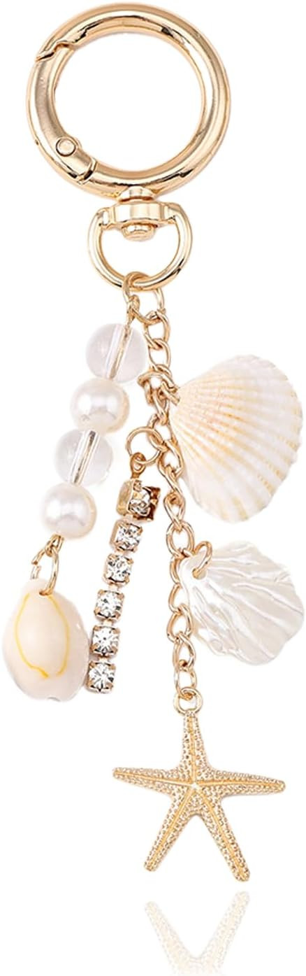 Beach Keychain with Gold Starfish and Seashell Charms Coastal Bag Charm Keychains for Women Cute ... | Amazon (US)