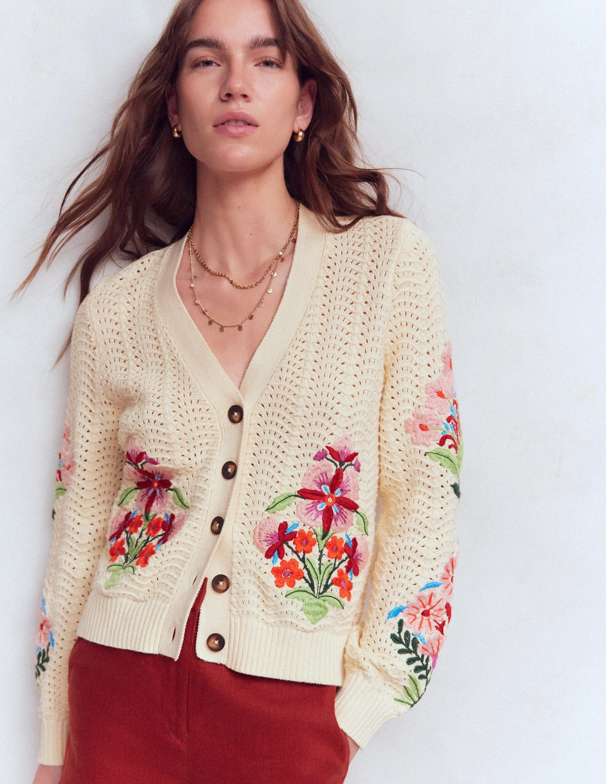 Relaxed Cotton Stitch Cardigan-Ivory, Embroidery | Boden UK