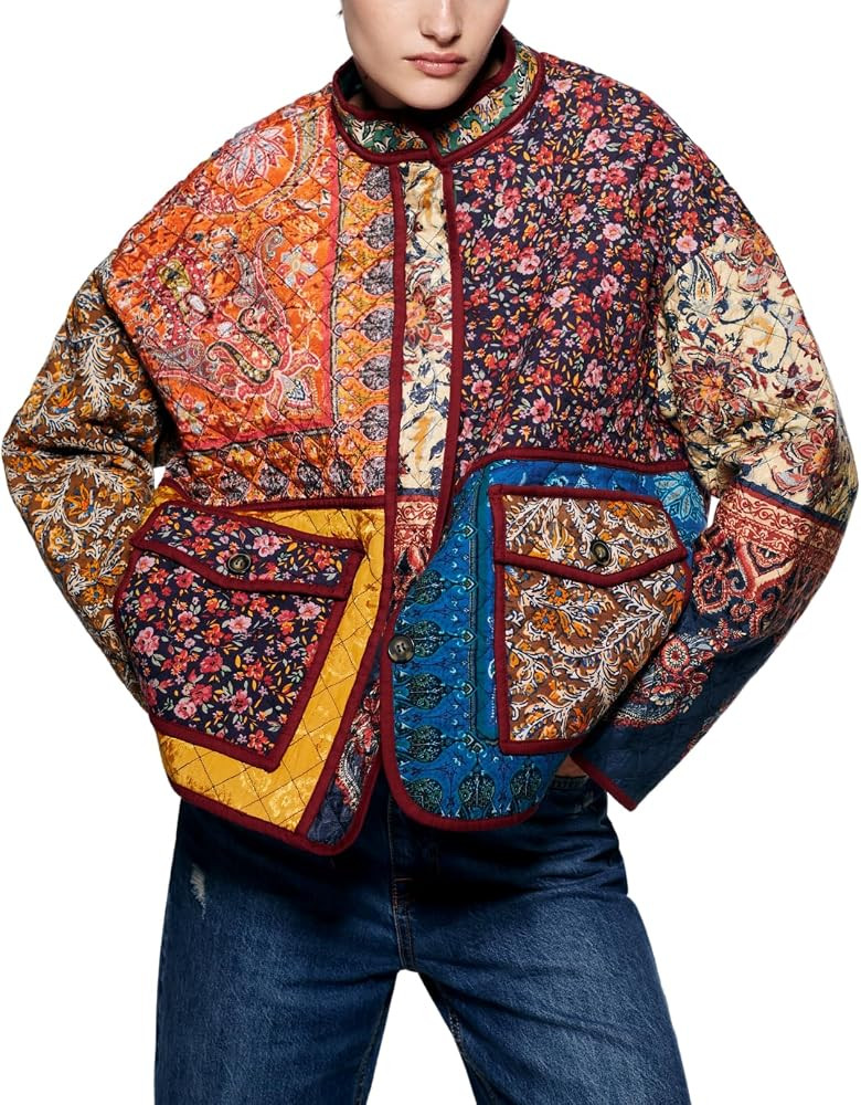 Quilted Jacket Women Printed Flower Patchwork Breasted Short Cardigan 2023 Autumn Chic Ladies | Amazon (US)