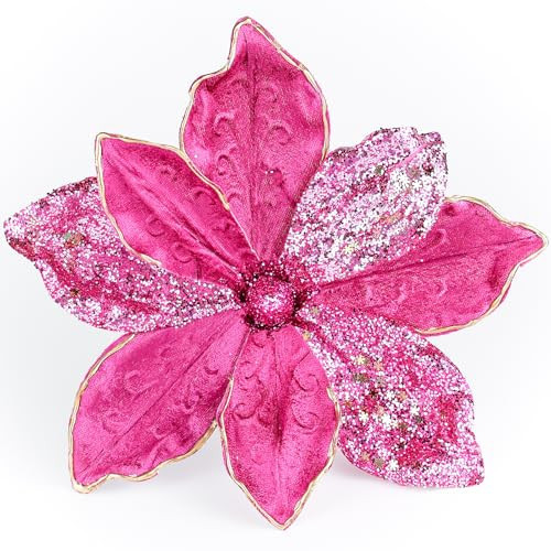 Lotus Hills 10" Velvet Poinsettias Artificial Christmas Flowers, 6pcs Large Glitter Christmas Poinsettia Picks, Floral Stems for Christmas Tree Wreath Garland Decorations DIY Ornaments (Pink | Amazon (US)