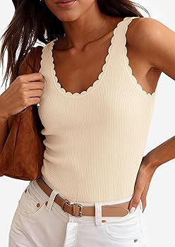 PRETTYGARDEN Womens Summer Sleeveless Tank Tops 2026 V Neck Ruffle Lightweight Ribbed Knit Shirt ... | Amazon (US)