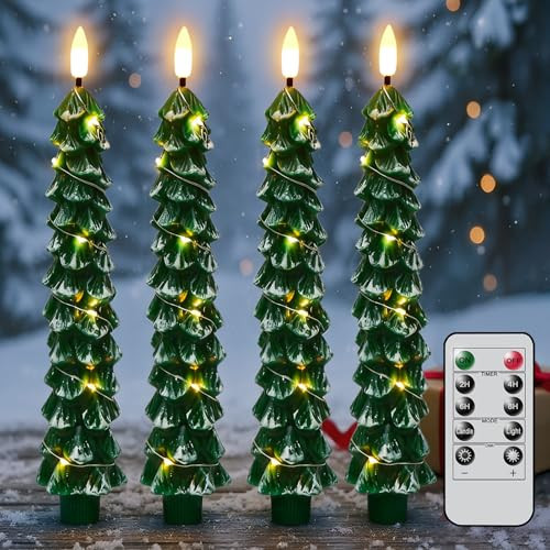 KunSwenn Christmas Tree Candles with Remote, Snowy Waxy Christmas Tree Flameless Taper Candles Battery Operated with String Lights, Set of 4 LED Tree Candlesticks for Xmas Winter Décor | Amazon (US)