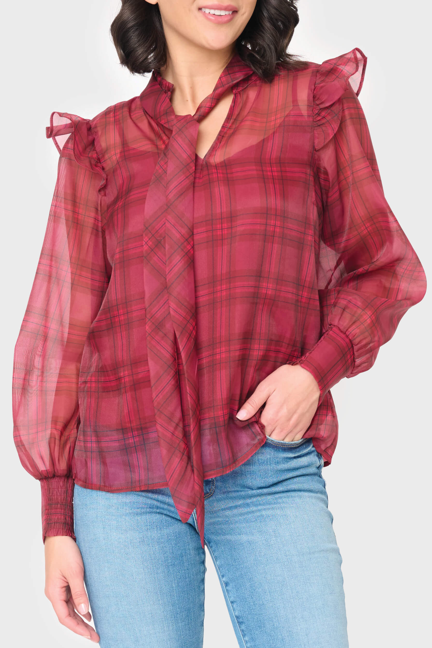 Festive Plaid Organza Blouse | Gibson