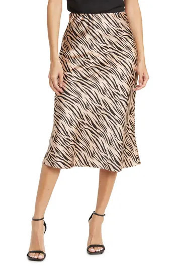 Renee C Satin Zebra Print Midi Skirt in Taupe at Nordstrom Rack, Size Small | Nordstrom Rack