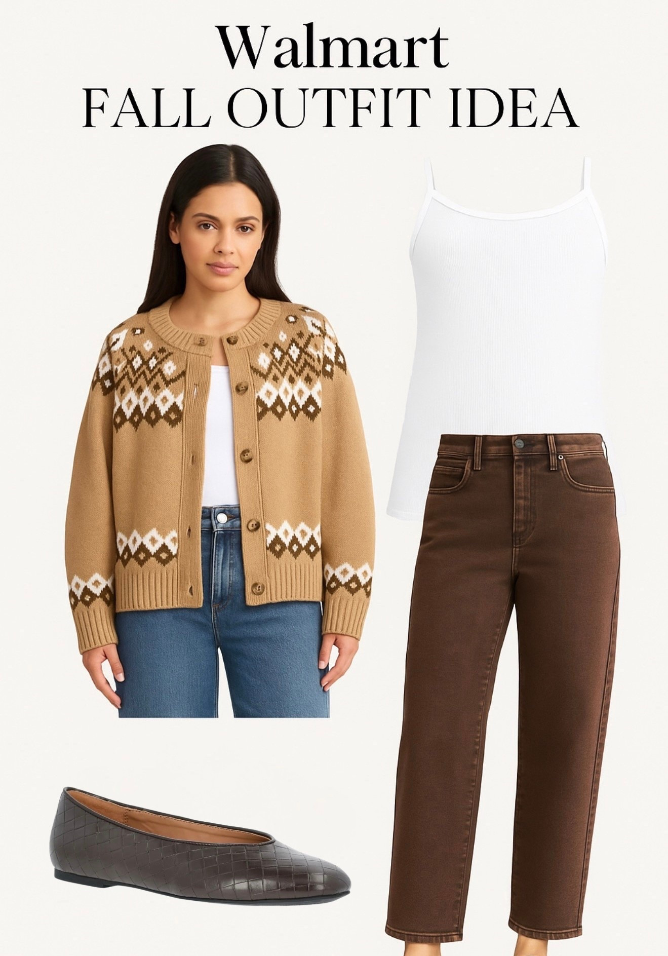 Walmart fall outfit idea - Thanksgiving outfit 

Chocolate brown flats 
Brown jeans 
Fair isle cardigan 
Holiday outfit 

#LTKFindsUnder50 #LTKSeasonal #LTKSaleAlert