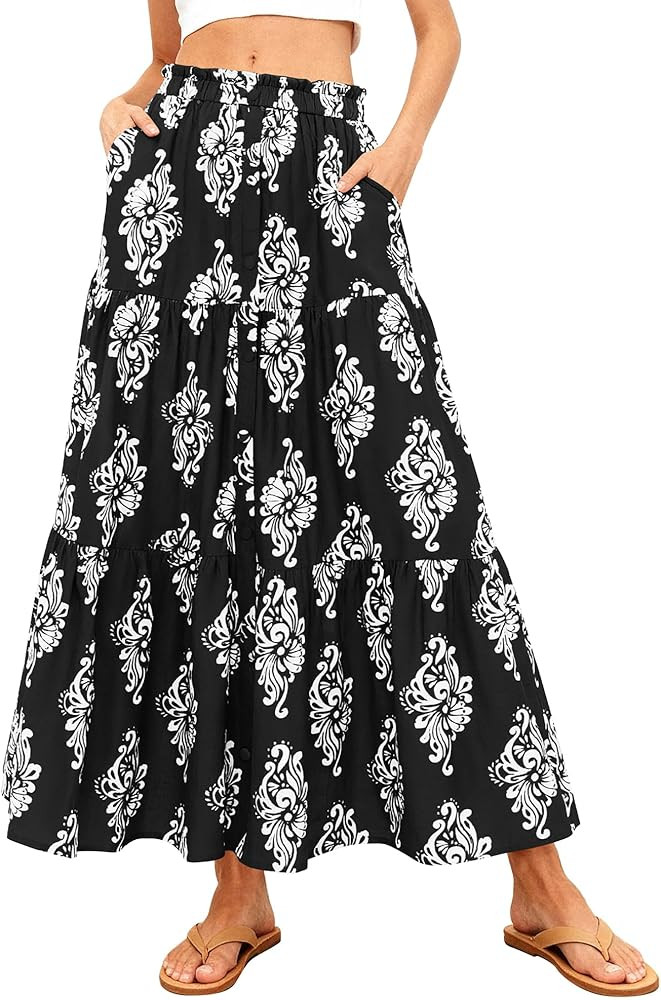 BTFBM Long Skirts for Women Summer 2026 Elastic High Waist Flowy A Line Casual Boho Tiered Floral... | Amazon (US)