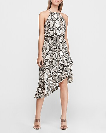 Snakeskin Print Asymmetrical High Neck Fit And Flare Dress | Express