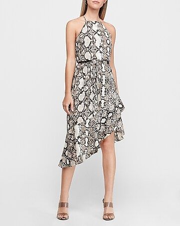 Snakeskin Print Asymmetrical High Neck Fit And Flare Dress | Express