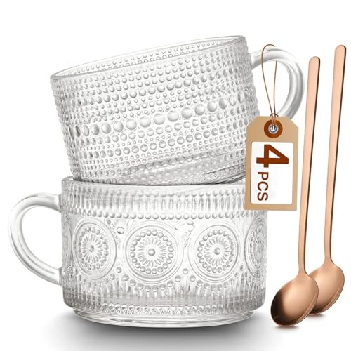 Mfacoy Vintage Coffee Mugs Set of 2, 14 oz Embossed Glass Cups with Handle, Clear Cups for Cappuccino, Latte, Cereal, Yogurt, Milk, Hot or Cold Beverages | Amazon (US)