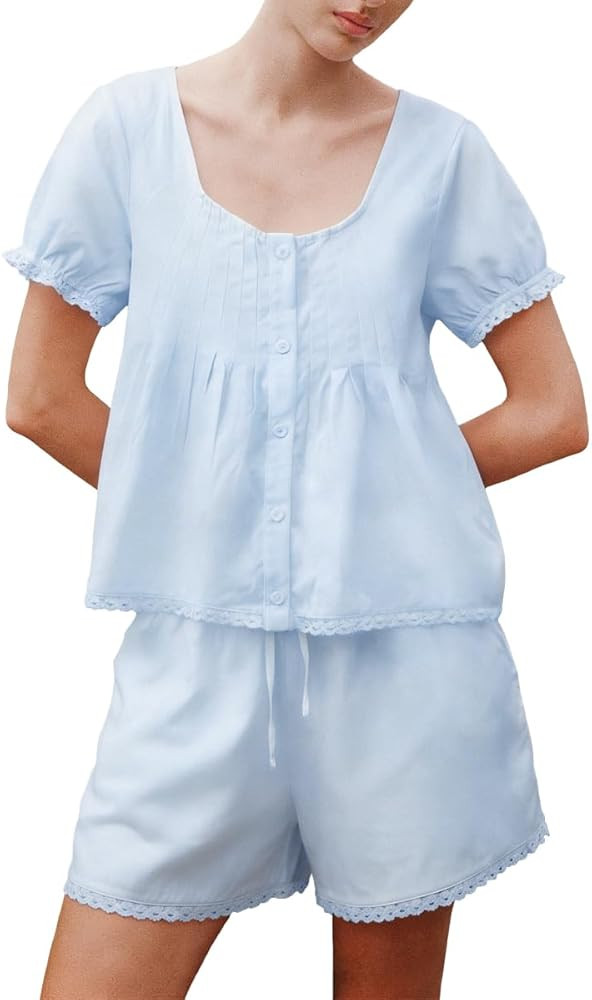 Womens 2 Piece Short Sets Fashion Button Down Puff Short Sleeve Lace Trim Pintuck Babydoll Top an... | Amazon (US)