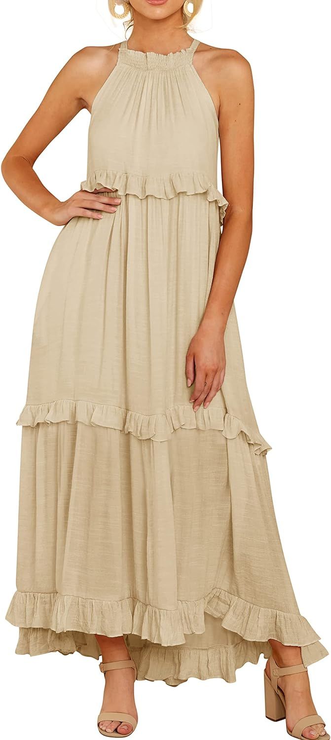 R.Vivimos Womens Summer Dress Cotton Sleeveless Halter Layered Ruffles Casual Boho Flowy Maxi Dre... | Amazon (US)