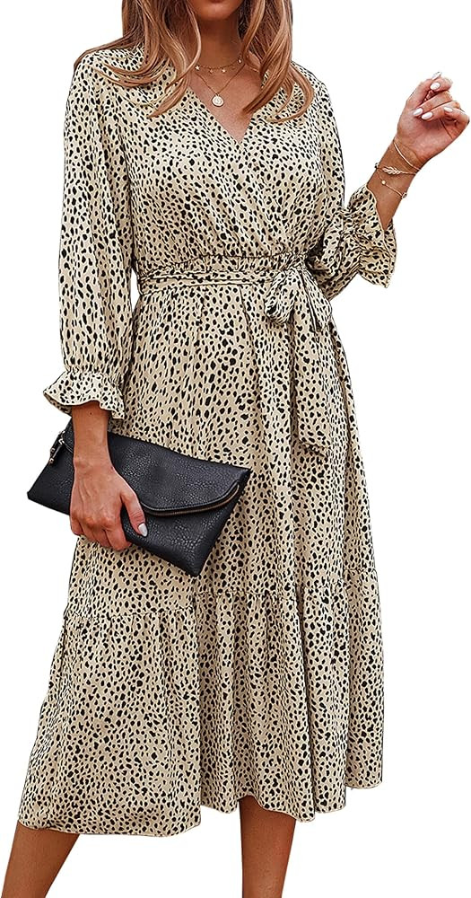 KIRUNDO Women's 2023 Fall Winter Long Sleeve Leopard Print Midi Dress Button Flowy A-Line High Waist | Amazon (US)
