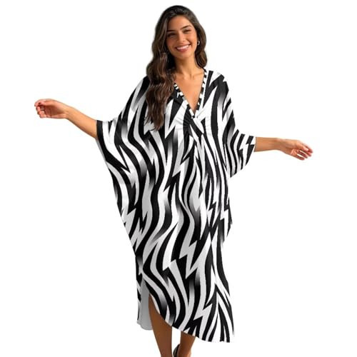 Yaosyuorus Women's Bathing Suit Cover Up,Zebra Stripe Oversized Soft Polyester V Neck Plus Size Batwing Sleeve Kaftan Cardigans with Side Slits and Wide Hem | Amazon (US)