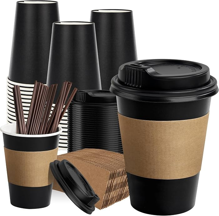 RACETOP 12 oz 50 Pack Black Disposable Coffee Cups with Lids & Sleeves | Amazon (US)