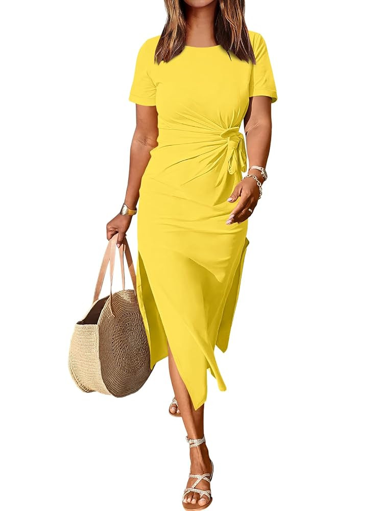 ANRABESS Women's 2025 Summer Maxi Tshirt Dress Short Sleeve Crewneck Tie Waist Casual Slim Fit Sl... | Amazon (US)