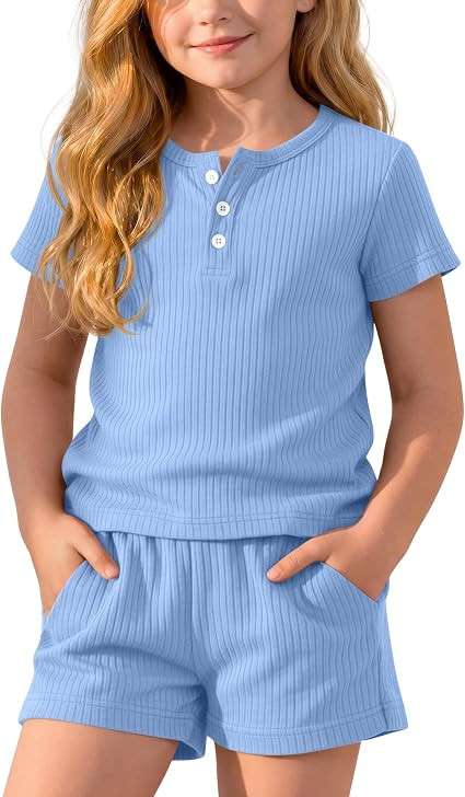 Girl 2 Piece Summer Outfits Sets Short Sleeve Top and Shorts 5-14Y | 90% Cotton, Henley Ribbed, W... | Amazon (US)