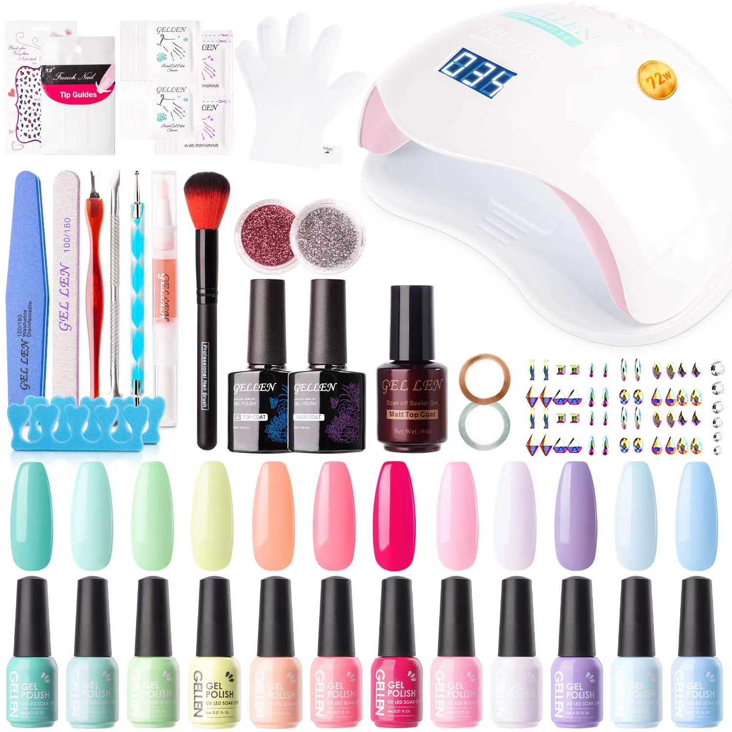 Gellen 12 Colors Colorful Rainbow Gel Nail Polish Starter Manicure Sets  - with 72W UV/LED Nail L... | Walmart (US)