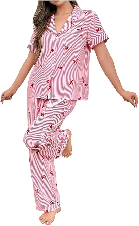 SHENHE Women's Bow Pajamas 2 Piece Short Sleeve Button Down Pjs Pants Set Striped Loungewear | Amazon (US)