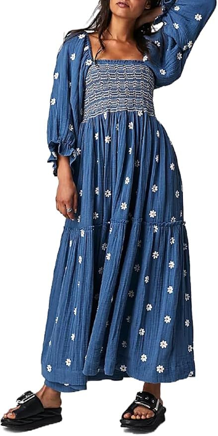 Women's 2023 Bohemian Maxi Dress Floral Puff Sleeve Ruffle Swing Dress Sexy Summer Beachwear Dres... | Amazon (US)