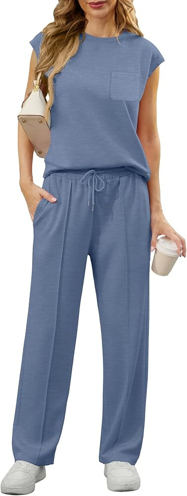 GRECERELLE 2 Piece Sets For Women Summer 2025 Outfits Lounge Sets Sleeveless Sweatsuits Wide Leg ... | Amazon (US)