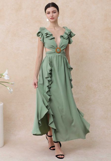 Cascade Ruffle O-Ring Tie-Back Maxi Dress in Pea Green | Chicwish