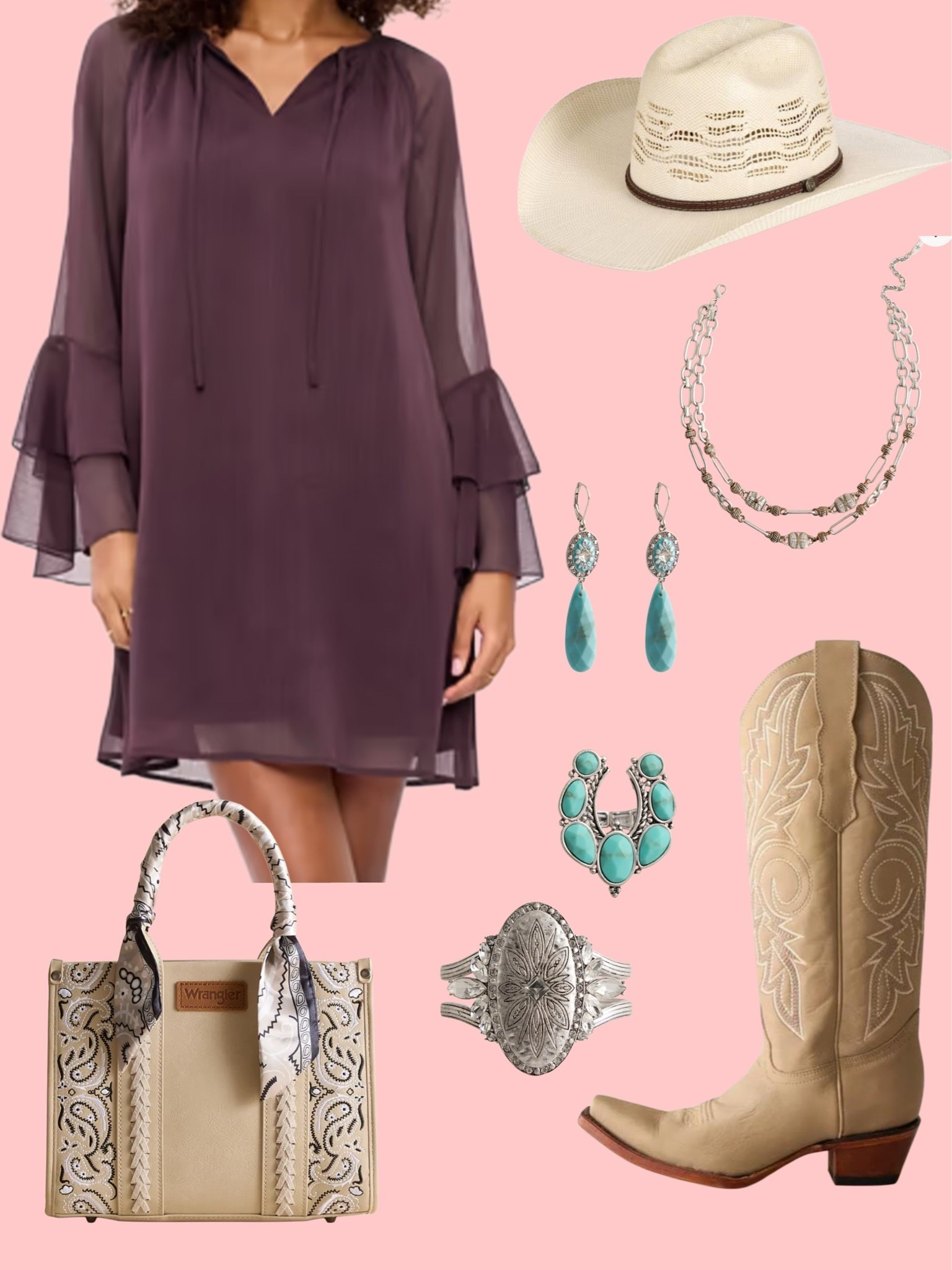 Girly western fashion! Love the little boho chiffon dress and bell sleeve detail! Paired with tan cowgirl boots and accessories! Dress is on sale!

#LTKootd #LTKSeasonal #LTKSaleAlert