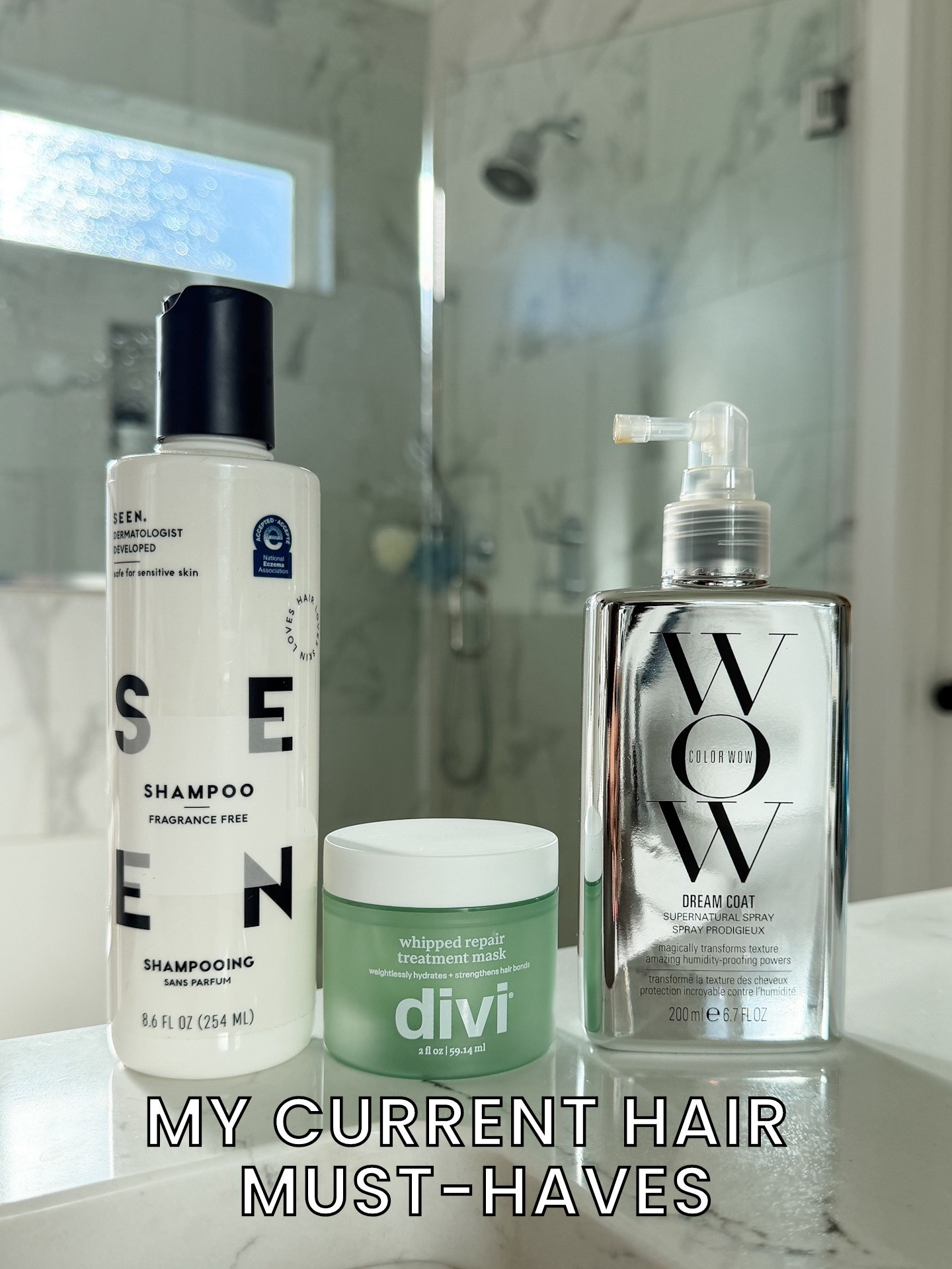 My current hair care product 🤍 I switched to SEEN— a fragrance free shampoo with clean ingredients, and I’m loving this Divi whipped hair mask. Then every 3 to 4 washes I use WOW dream coat to help take frizz and give my hair a healthy shine  

#LTKOver40 #LTKBeauty #LTKgrwm