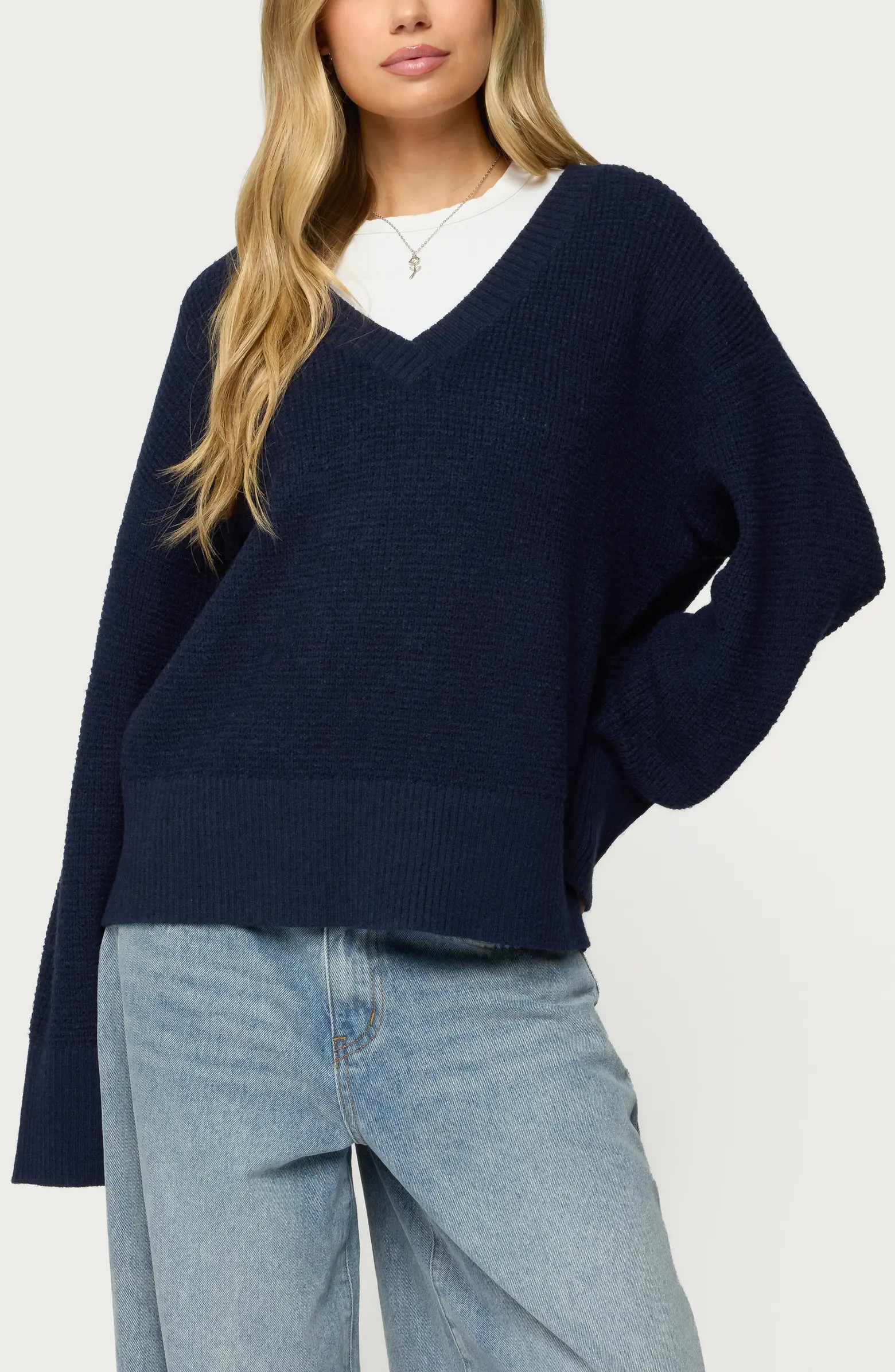EDIKTED Bluebell Oversize V-Neck Waffle Knit Sweater | Nordstrom | Nordstrom