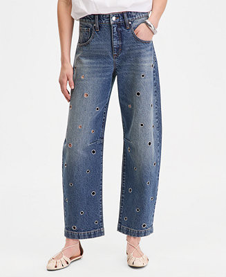 Women's High-Rise Grommet Barrel-Leg Jeans, Macy's Exclusive | Macy's
