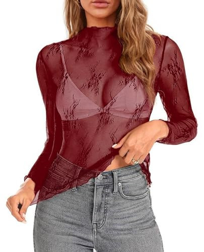 siliteelon Lace Tops for Women Mesh Long Sleeve Top Sheer Lace Shirt Floral Mock Neck Party Club Lace Undershirt | Amazon (US)
