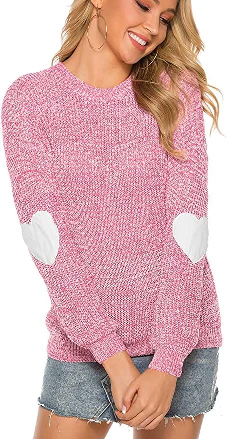 koitmy Women's Crewneck Long Sleeve Thin Knitted Patchwork Cute Heart Sweater | Amazon (US)