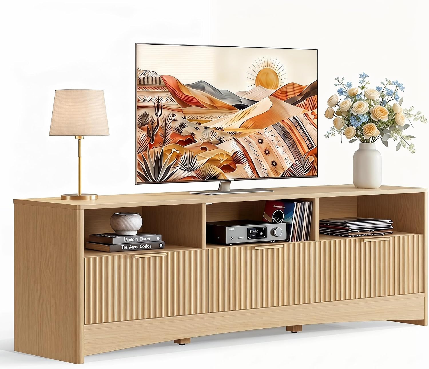 Marsail Fluted TV Stand for 65 inch TV, Modern Entertainment Center with Drawers, Boho TV Stands Wood Media Console Cabinet with Storage and Shelves, TV Consoles for Living Room, Bedroom, Oak | Amazon (US)