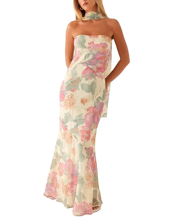 GUCURIN Women Strapless Floral Dress with Sarf Mesh Tube Maxi Dress Summer Cocktail Wedding Guest... | Amazon (US)