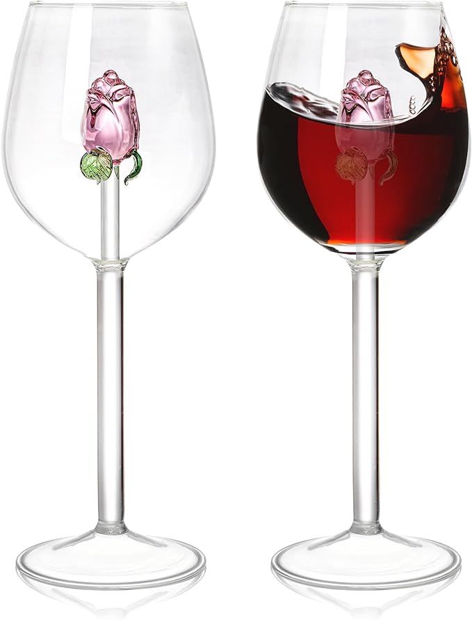 Pumtus 2 Pack Wine Glasses With Rose Inside, 10 OZ Creative Stemmed Drinking Goblet, Unique Roman... | Amazon (US)