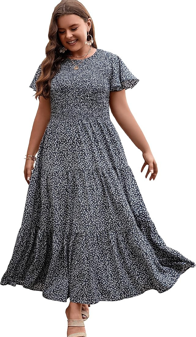 Women's Plus Size Summer Casual Maxi Dress 2023 Flutter Short Sleeve Crew Neck Smocked Tiered Flo... | Amazon (US)