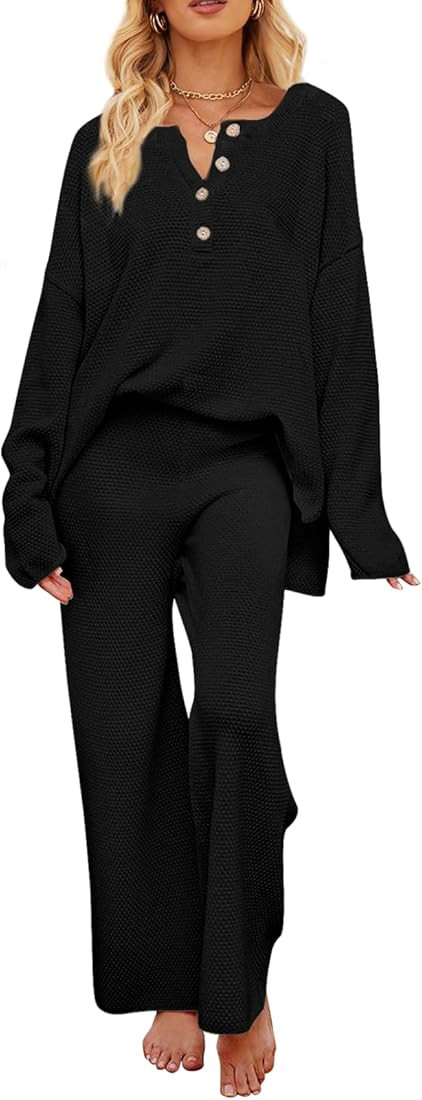 MEROKEETY Women's 2 Piece Outfit Sets Long Sleeve Button Knit Pullover Sweater and Pants Lounge S... | Amazon (US)