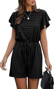 Angashion Women's Loose Casual Ruffle Cap Sleeve Short Jumpsuits Hollow Back Romper with Belt | Amazon (US)