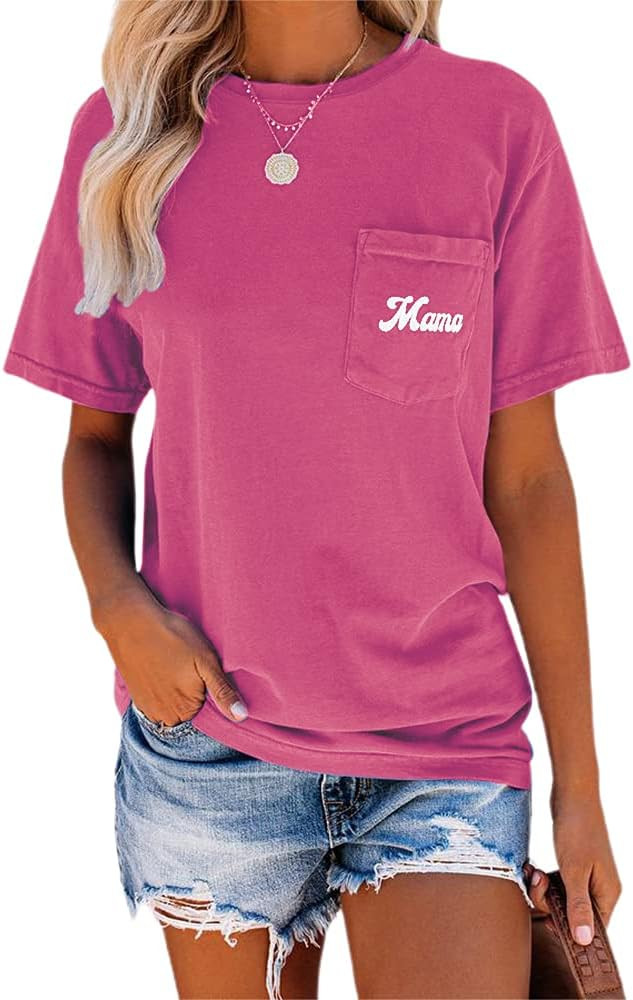 NIUBIA Women's Letter Print Basic Crew Neck Tee Summer Short Sleeve T-Shirt with Pockets Loose Fi... | Amazon (US)