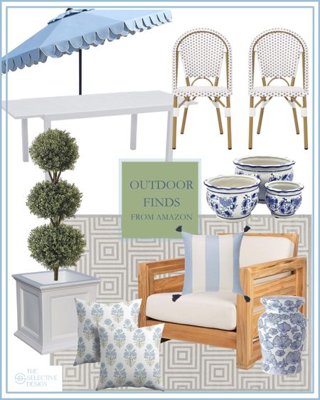 Amazon blue and white affordable outdoor decor finds. Classic outdoor decor. Timeless outdoor decor. Outdoor rug. Outdoor furniture. Outdoor dining chairs. Outdoor pillows. Blue outdoor pillows. Topiary. Faux plant. White Outdoor dining table. Blue patio umbrella. Scalloped umbrella. Blue and white planters. Blue and white garden stool. Blue outdoor rug   

#LTKSeasonal #LTKhome